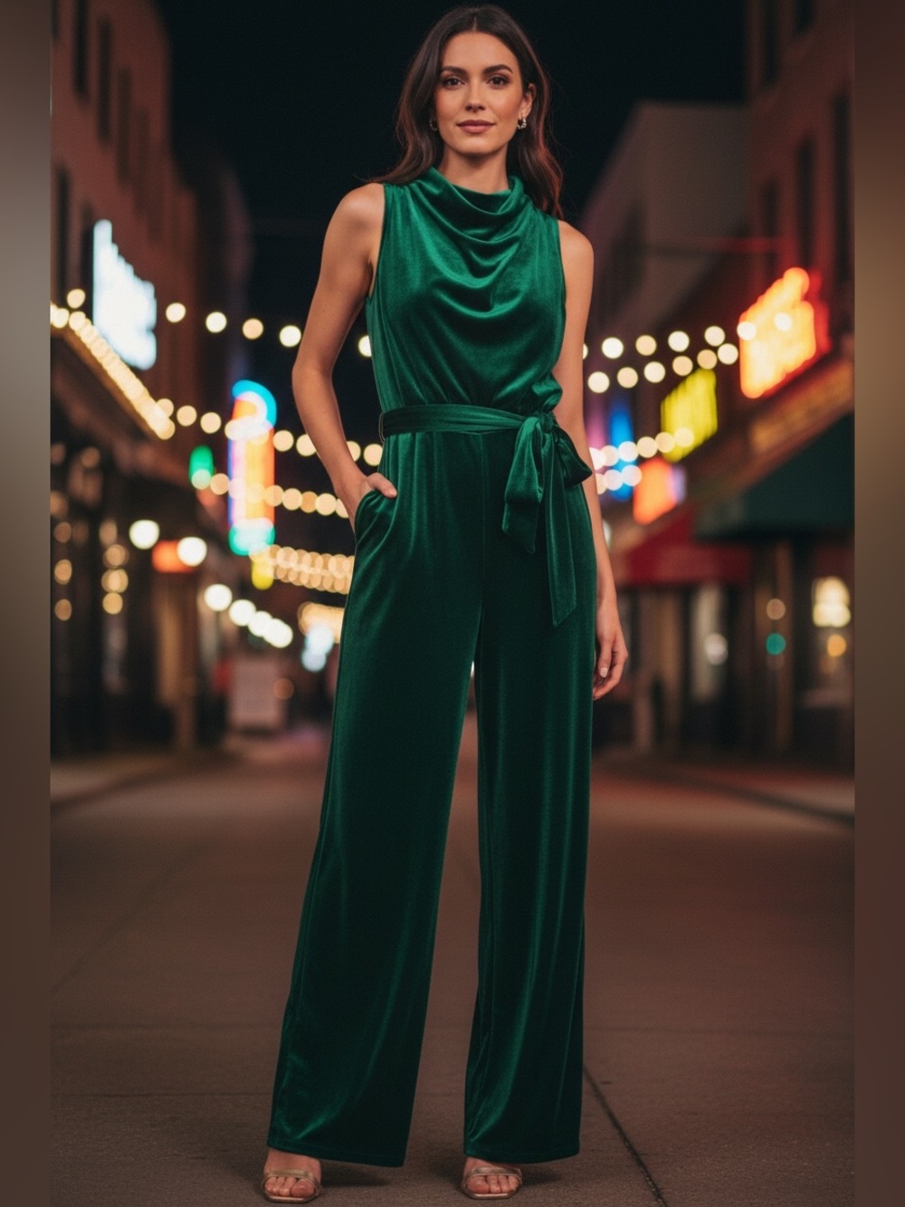 NWT Vince Camuto L Velvet Cowl Neck Wide Leg Jumpsuit Green Sleeveless Tie Belt